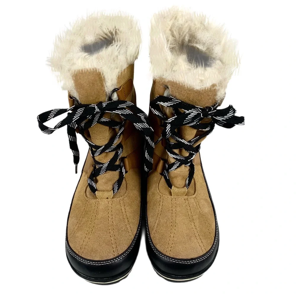 Merona Womens Lace Up Fur Trimmed Tan Suede Snow Boots Size 8